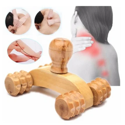 Solid Wood 4-Wheel Body Roller Massager – Natural Wooden Handheld Beauty & Relaxation Tool for Face, Arms, Legs, Back & Feet