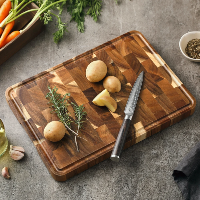 Premium Acacia Wood Cutting Board – Spliced Chopping Board with Drain ...