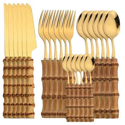 24-Piece Bamboo Handle Cutlery Set – Eco-Friendly Stainless Steel Flatware with Natural Bamboo Handles | Dinner & Steak Knife Set