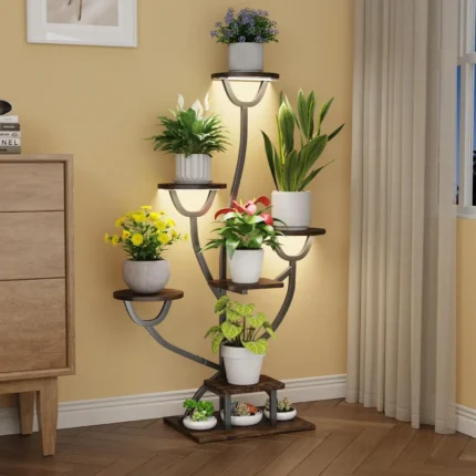 44.2" Indoor Plant Stand with Grow Lights – 7 Tier Metal & Wood Corner Plant Shelf